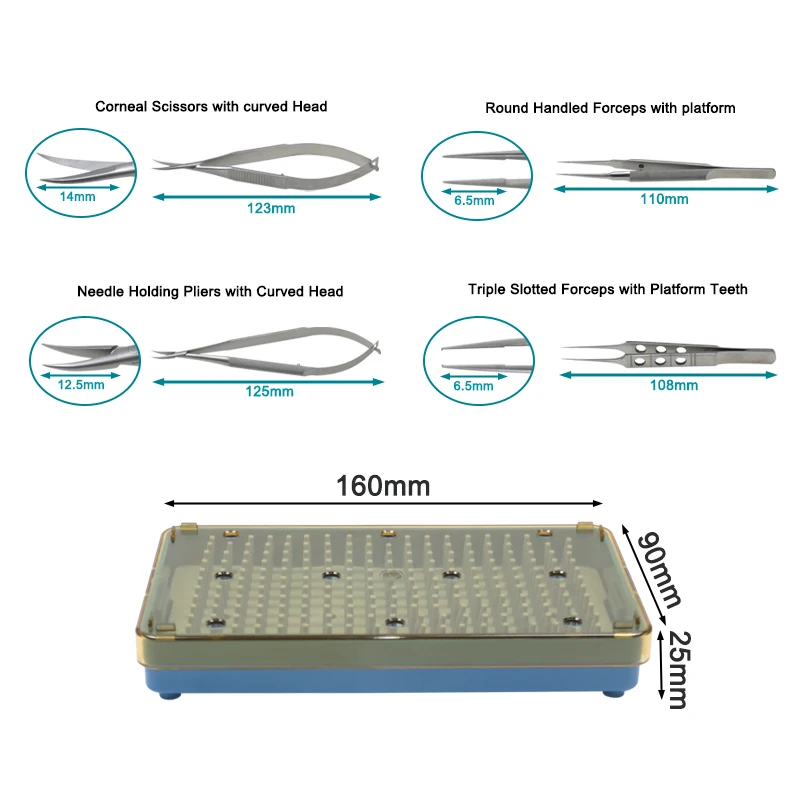 Stainless Steel Eyelid Tools Set Forceps Eye Curved Scissors Needle Holder Sterilization Tray Box Ophthalmic Surgical Instrument