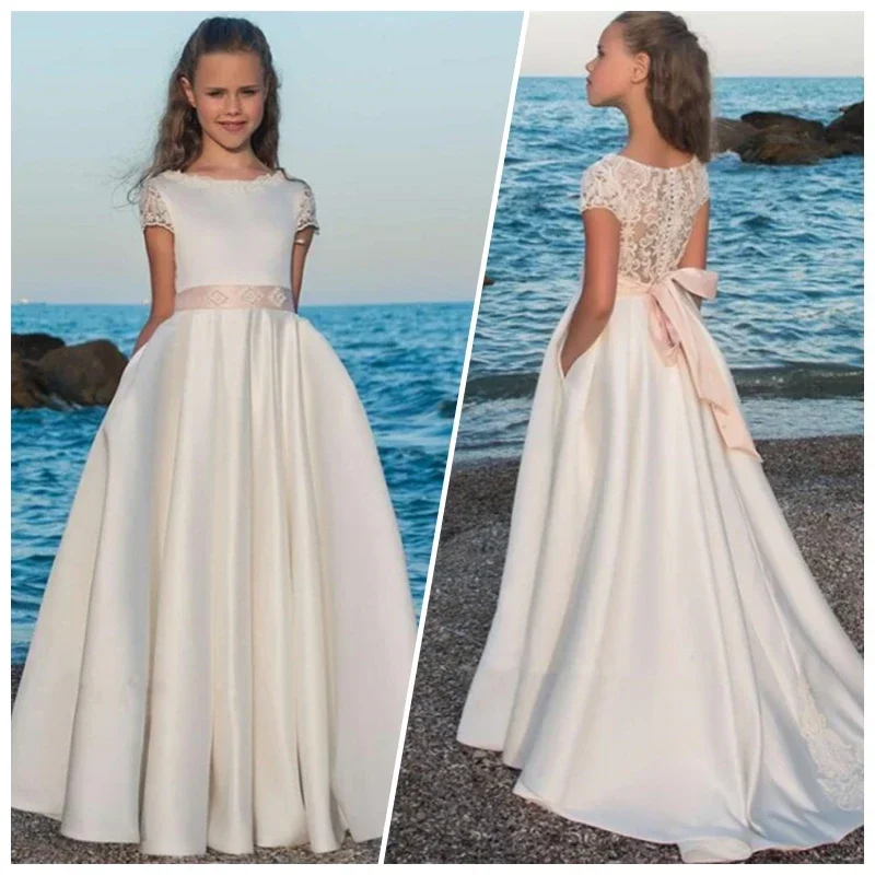 

White Satin Bow Belt Flower Girl Dresses A-line Floor-length Short Sleeve Girls Dresses First Communion Party Prom Dresses