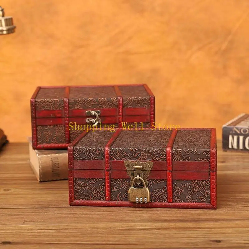 KX4B Vintage Wooden Storage Box Desktop Decorative Treasure for Case with Lock for Key Gift Box for Books Jewelry Document
