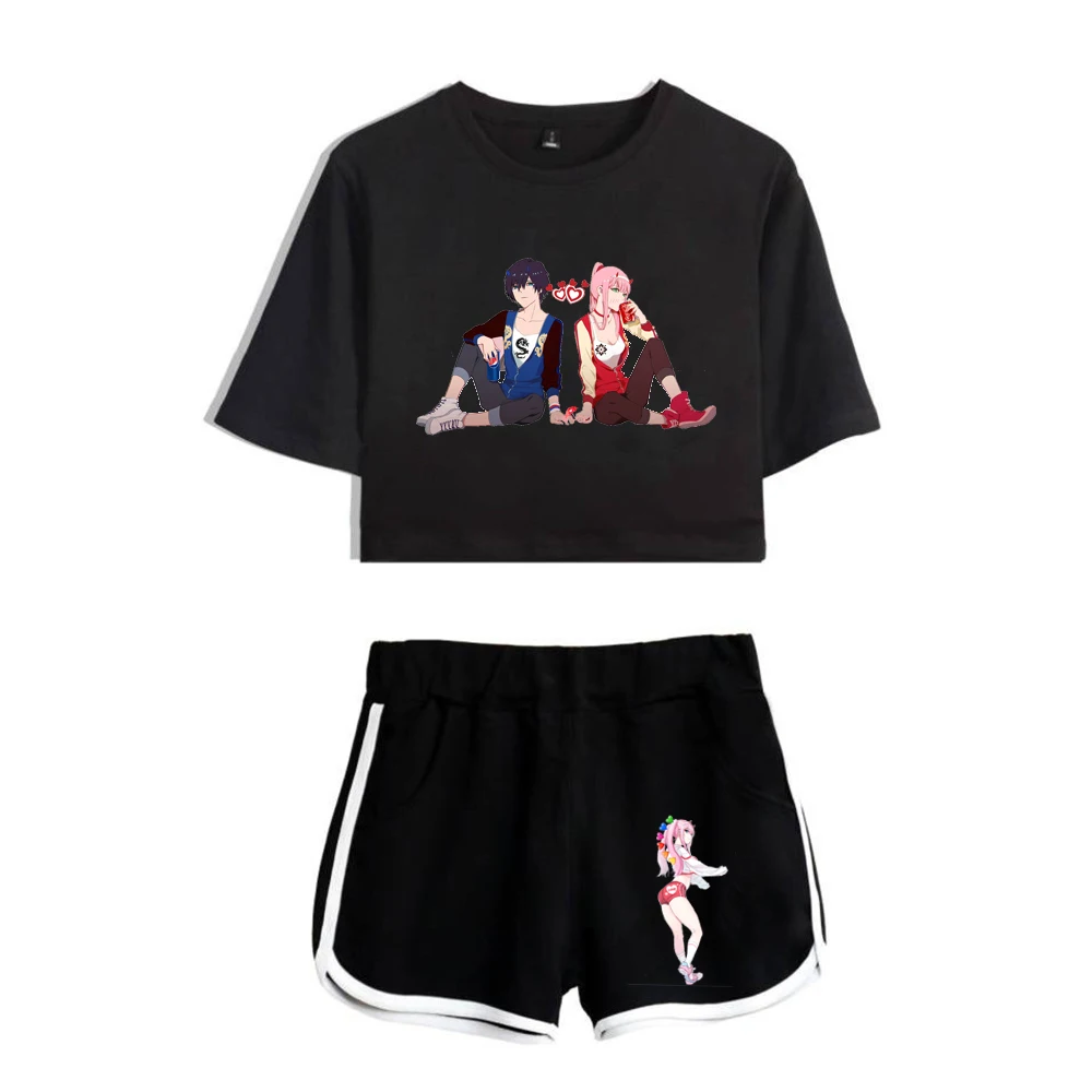 Cartoon DARLING In The FRANXX Print Short Sleeve Cool Sexy Shorts+lovely T-shirts Dew navel Pretty Girl suits Two Piece Set - Image 5