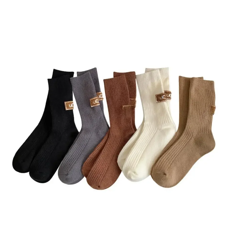 Chaussettes mi-mollet épaisses avec logo brodé, chaussettes en coton marron, monochromatique, chaud, velours, décontracté, proche, hiver