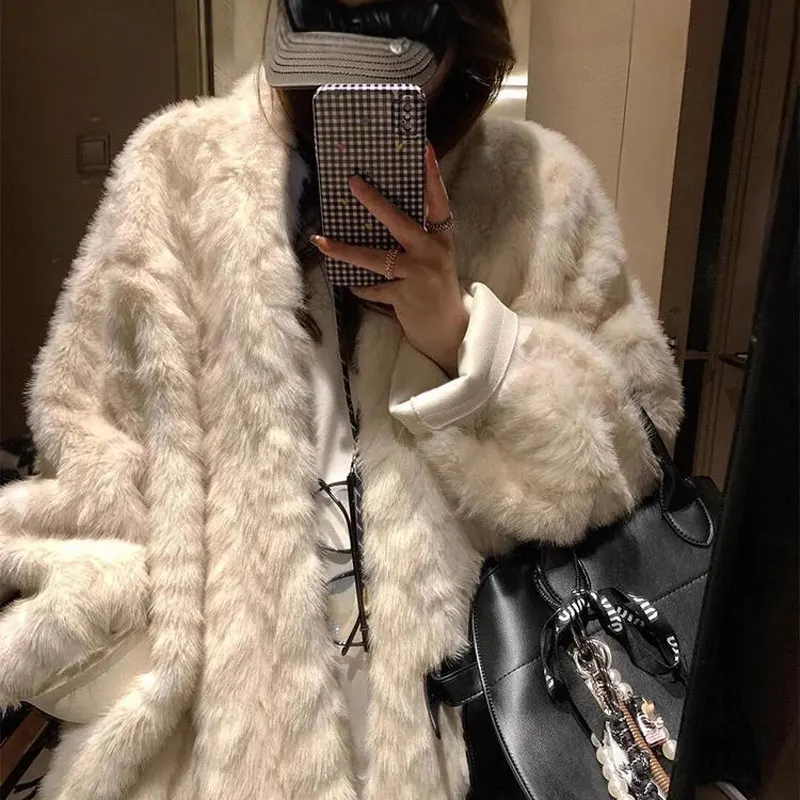 ขนสุนัขจิ้งจอกปลอมผู้หญิงใหม่Heavyหลวมและขี้เกียจขนสัตว์Mink Fur Coatในฤดูหนาว2024 Faux Foxขนสัตว์ผมสีน้ําตาลเสื้อแฟชั่นTurndown