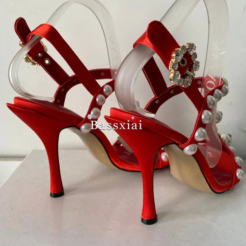 لؤلؤة حبة ديكور T-حزام خنجر كعب الصنادل للنساء الفاخرة الساتان الكاحل Strappy أحذية الحفلات 10 سنتيمتر الصيف #3