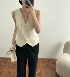 Vintage Autumn New Solid Color Suit Vest Casual Slim Waist Sleeveless Short Jacket Simple Fashion Senior Sense of Women's Vest