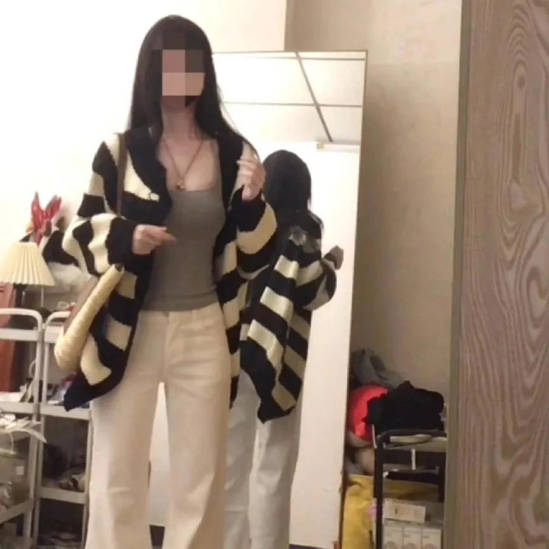 Womens Korean Striped Knit Cardigan Autumn Winter Loose Lazy Style Open Front Sweater Casual Outerwear