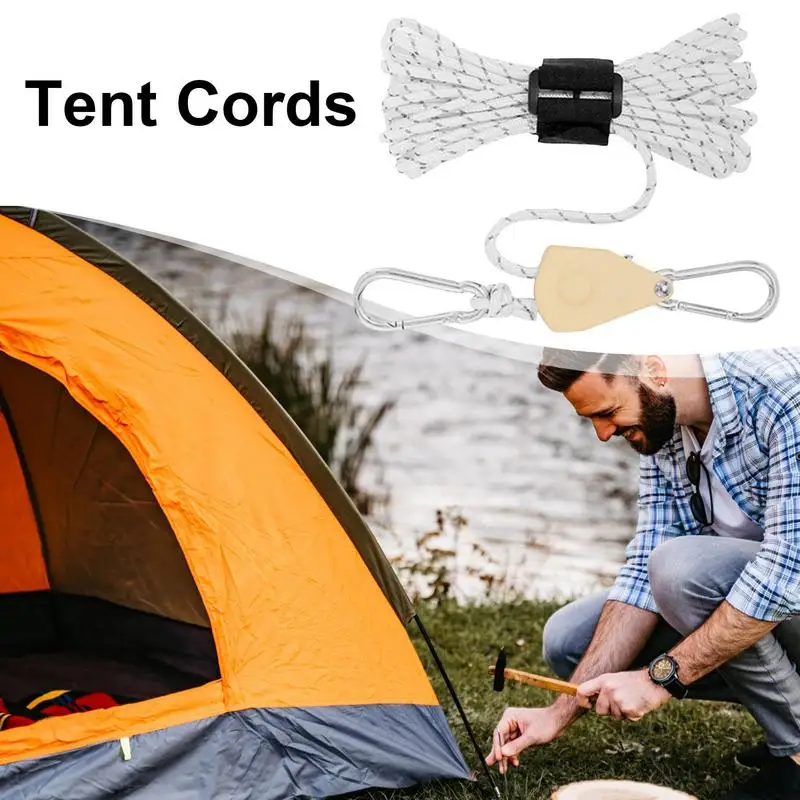 Camping Rope With Pulley Camping Cord Pulley System Reusable Tent Tie Downs Rope Hanger 4mm Reflective Cord With Adjuster