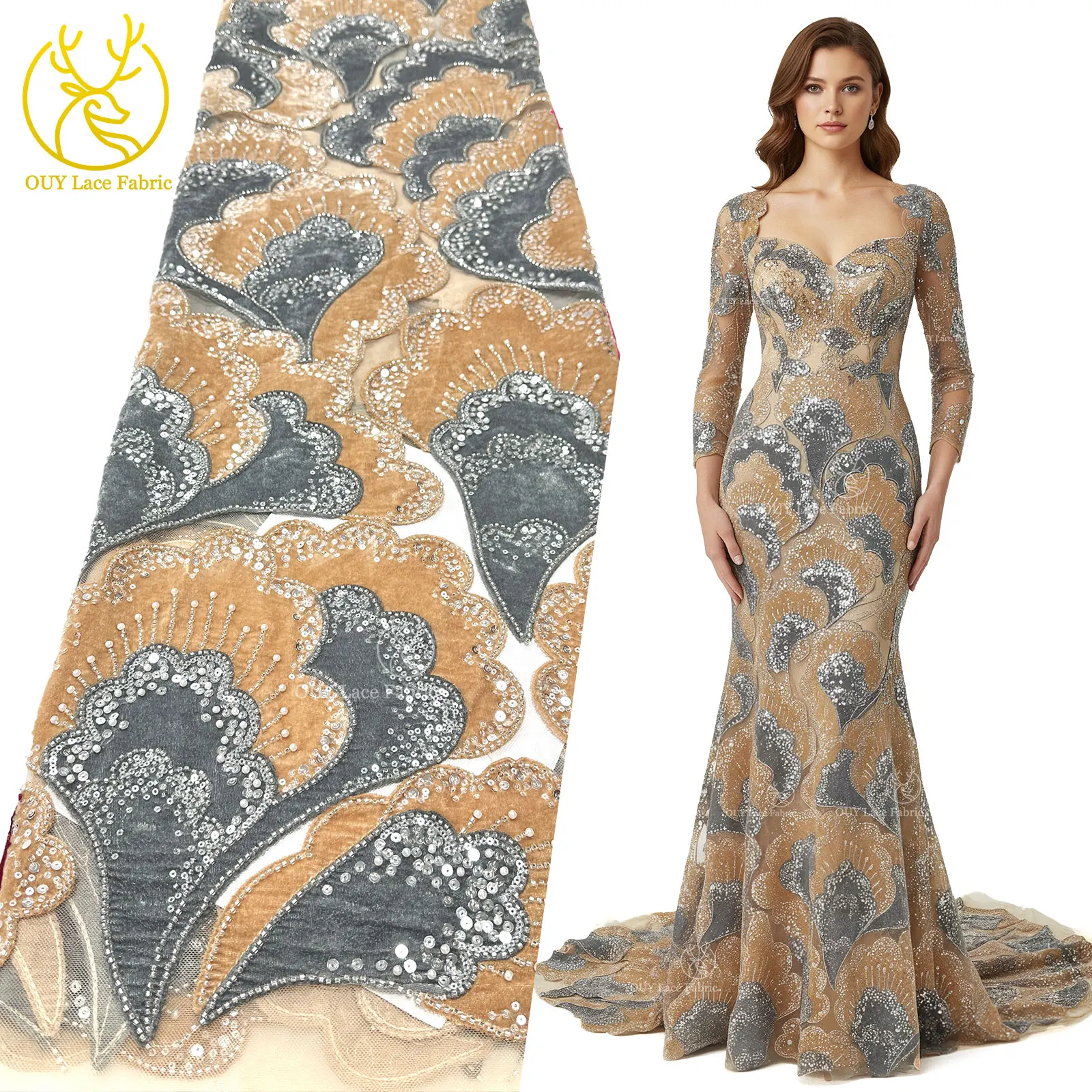 Neuester Samt-Blütenblatt-Pailletten-Spitzenstoff 2026 Hochwertiger afrikanischer Perlen-Tüll-Spitzenstoff für Hochzeit, Party, Kleid, Nähmaterial – Detail 4