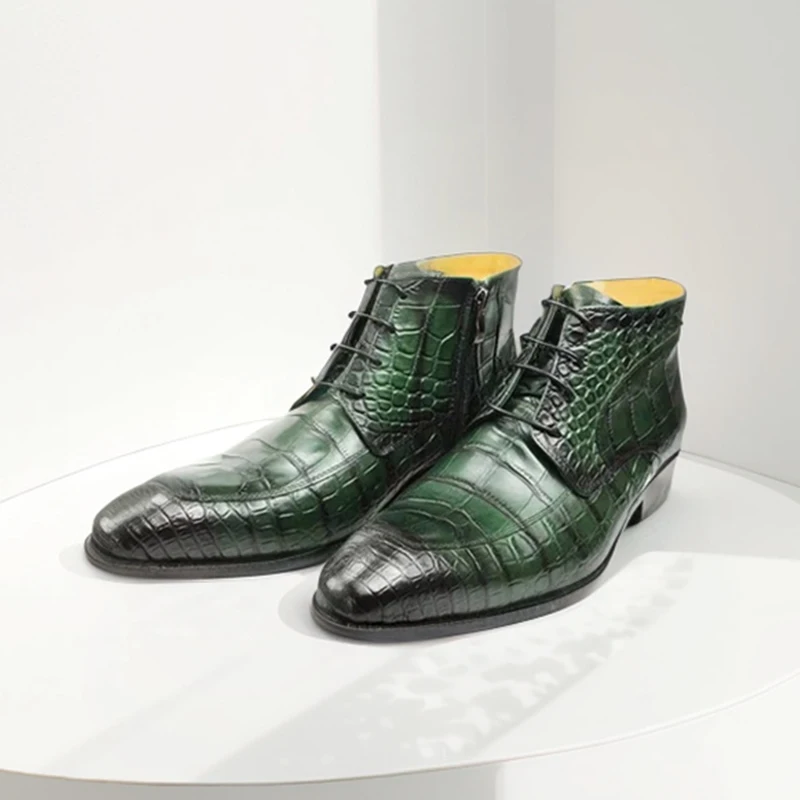 

Brogues Boots Men's Cow Leather Pointed Toe Formal British Lace Up Alligator Pattern Basic Dress Ankle Short Shoes Zip Handmade