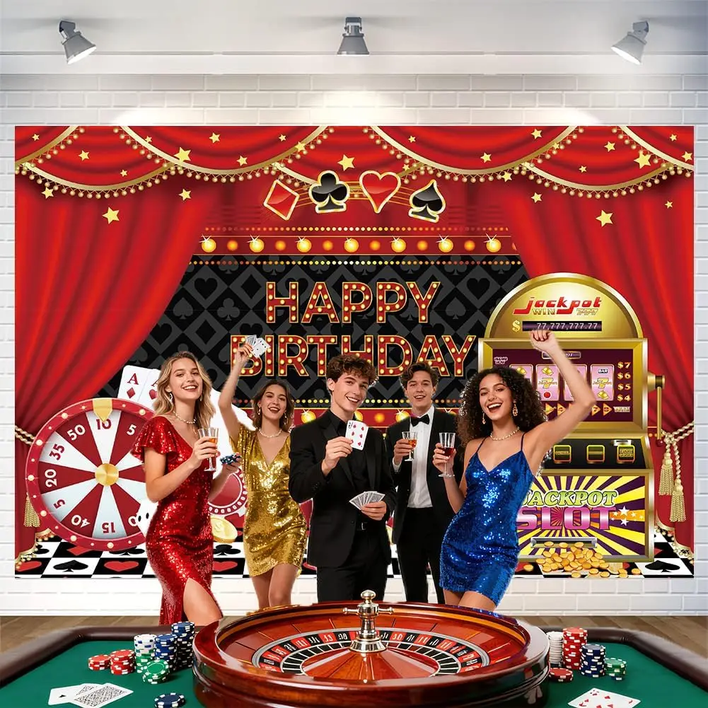 Casino Themed Happy Birthday Tapestry, Las Vegas Style with Poker and Slot Machine Print Wall Hanging for Party Decor view 6