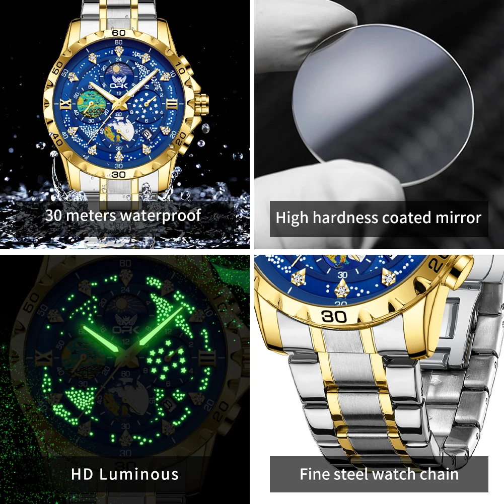 OPK 8175 Mens Watch Original Quartz Watches For Man Waterproof Luminous Reloj Zircon Scale Stainleess Steel Watch With Box