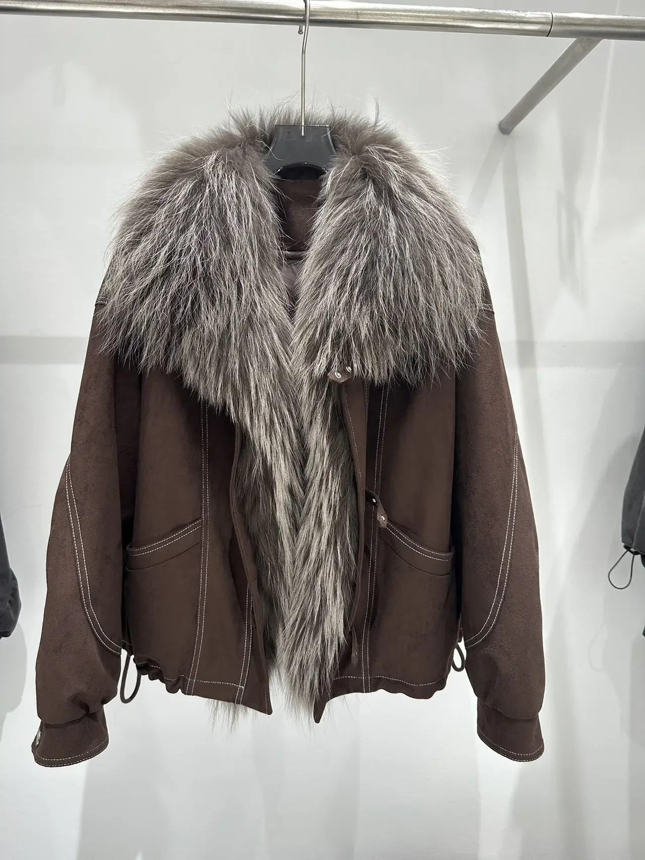 OFTBUY Women Suede Cropped Coat Winter Warm Drawstring Hem Daily Wear Outerwear Oversized Real Fox Fur Collar Goose Down Jacket