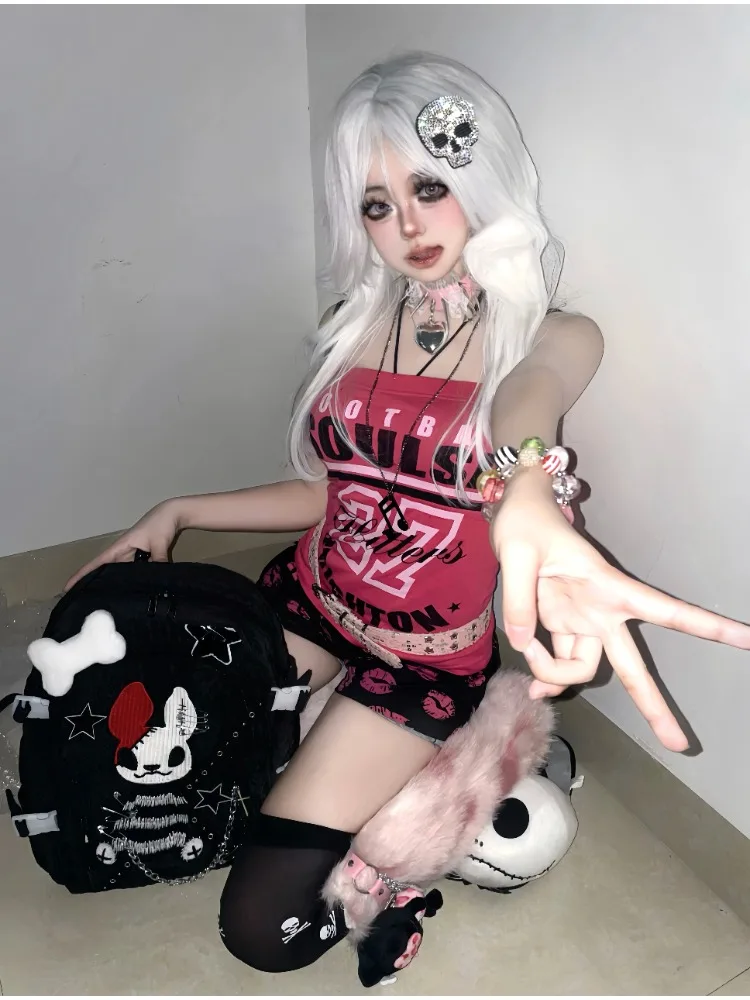 original handmade Devil Rabbit School Bag Cross Chain Star Bone Pin Backpack