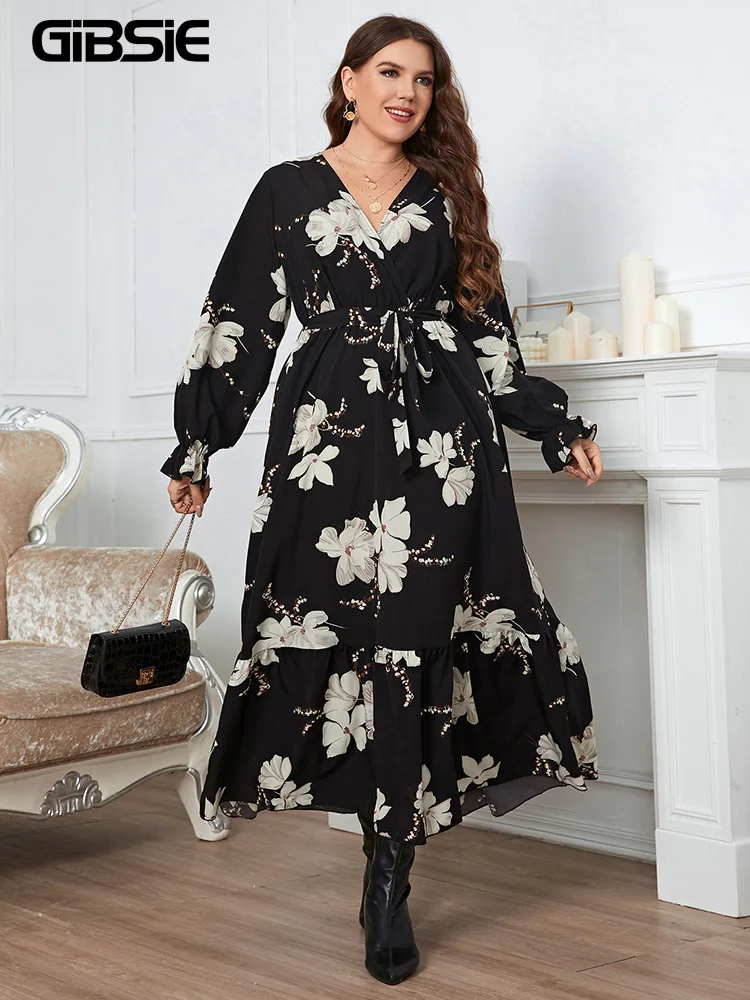 

GIBSIE Plus Size Floral Print Surplice Neck Belted Maxi Dress Women Spring Fall Vacation Long Sleeve Ruffle Hem A-Line Dresses