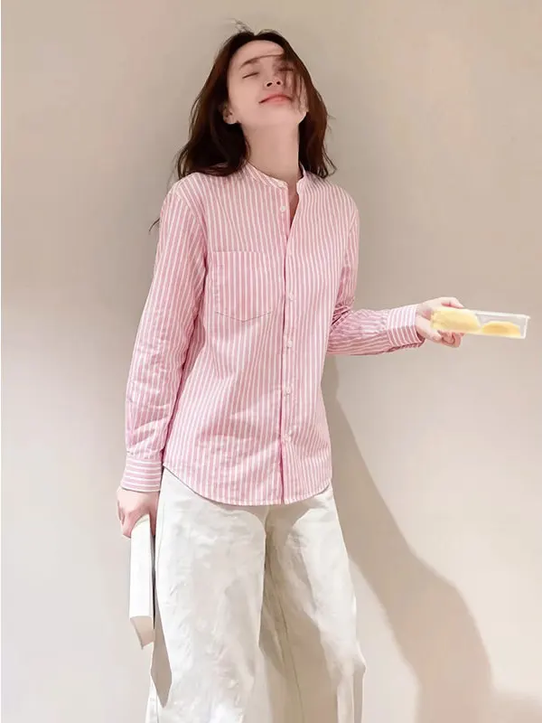 

Pink Anti-Aging round Neck Striped Chiffon Shirt Women's Spring New Design Sensation Small Versatile Slimming Blouse