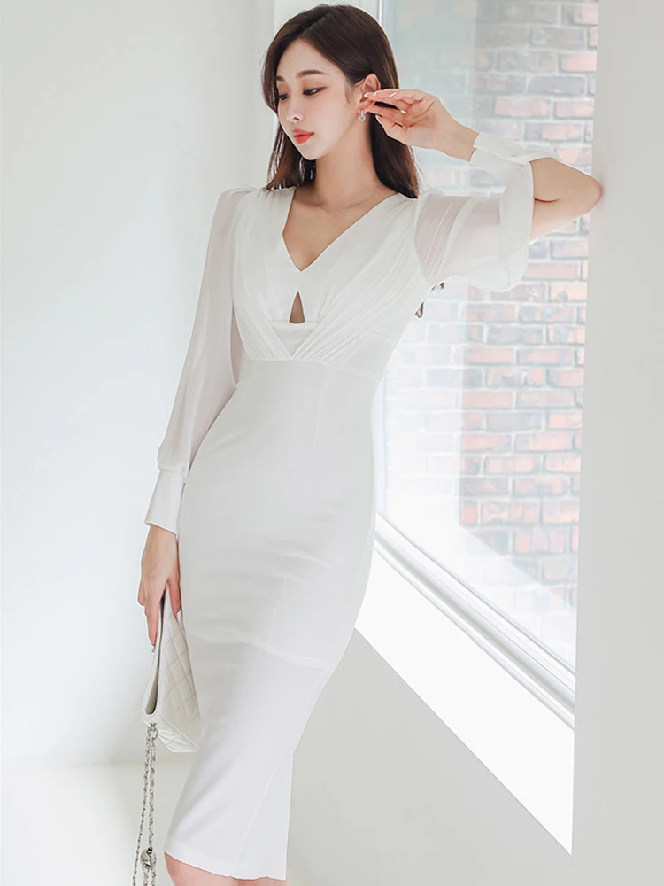 ファッションエレガントなプロフェッショナルドレス婦人服セクシーな薄手の長袖中空ひだボディコンローブ女性パーティー仕事 Vestidos