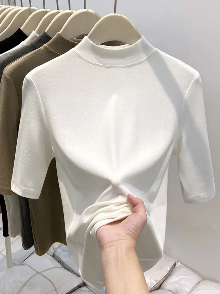 Spring 2025 Women's Slim Fit T-Shirt Half High Collar mid Sleeve Base Shirt European Style Commute Style Pure Color Short Sleeve