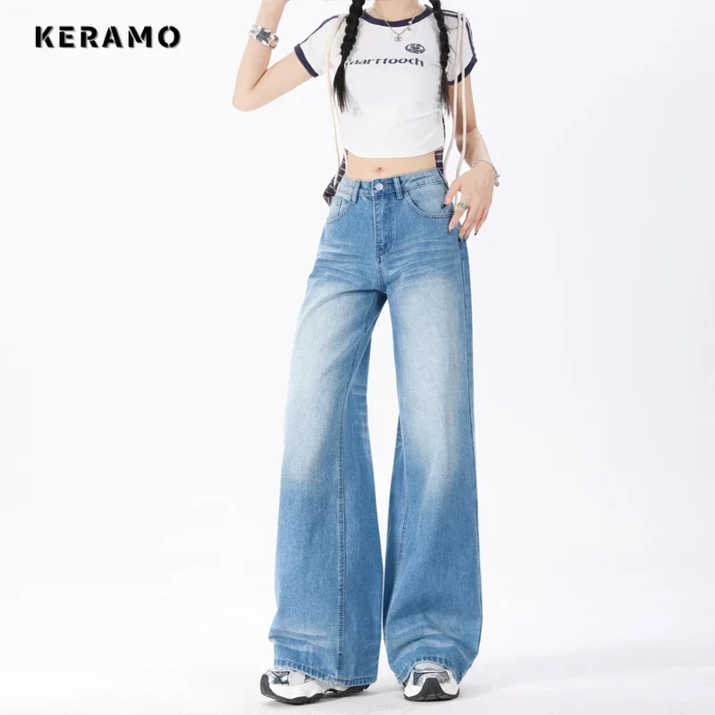 Jeans Emo de cintura alta vintage americano para mulheres, calça casual quente, calça jeans larga Y2K, perna larga, rua grunge, sexy, anos 2000