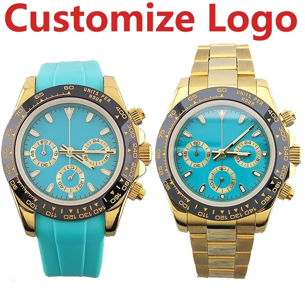 Custom Logo 40mm Man Quartz Chronograph Watch Sky Blue Dial VK63 Movement Sapphire Glass Stainless Steel 10Bar Waterproof