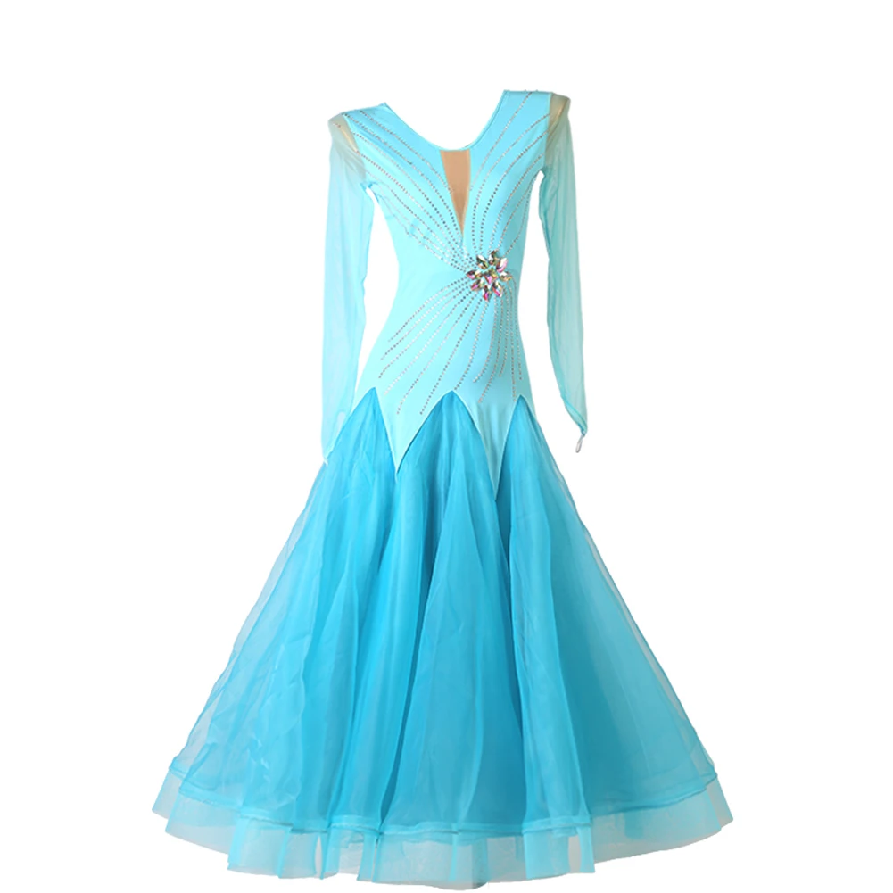 New GB dress Women\'s Elegant Luxury Lake Blue Big Diamond Performance Competition Ballroom Practice Waltz dress