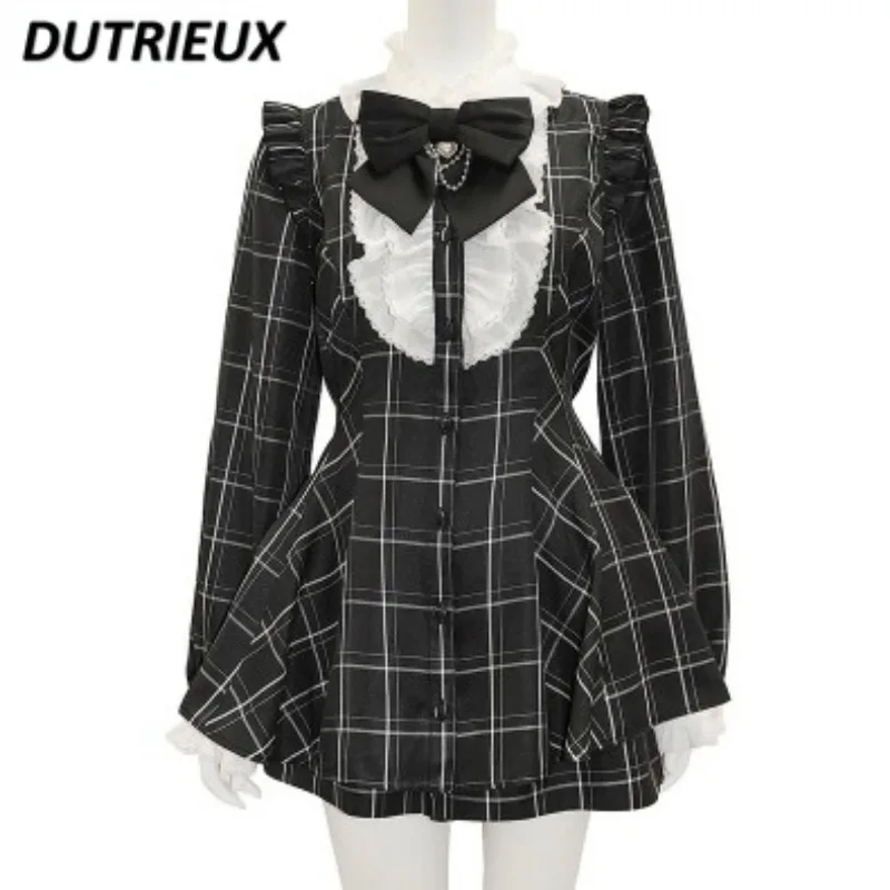 Sweet Women Outfits SC Suit Japanese Mine Plaid Long Sleeve Shirt Shorts Love Heart Bow Chain Mass-Produced Dress Culottes Sets