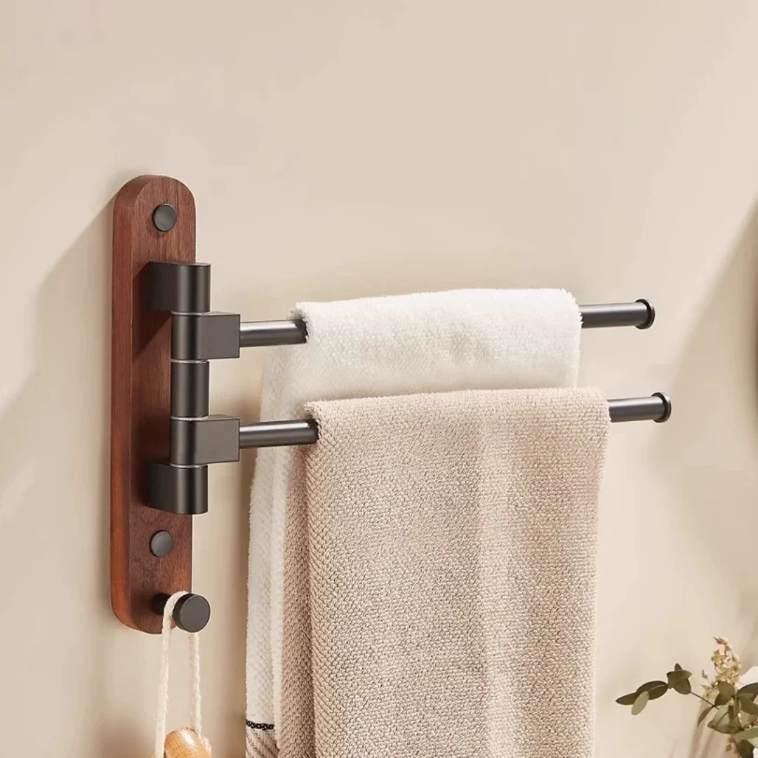 Rak Handuk Kamar Mandi Kayu Hitam, Gantungan Handuk Putar Lipat, Rak Handuk Tempel Dinding, Rak Handuk Ringkas, Rak Handuk Kamar Mandi