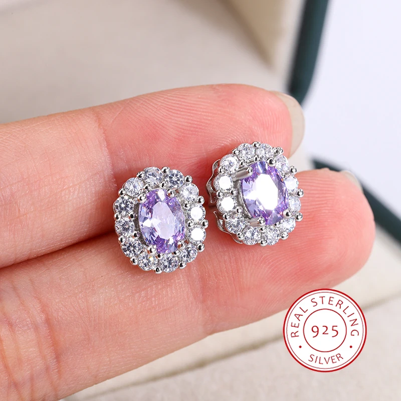 2024 New Lavender Round Zircon Earrings for Women Exquisite 925 Silver Plated Earrings Engagement Jewelry Party Jewelry