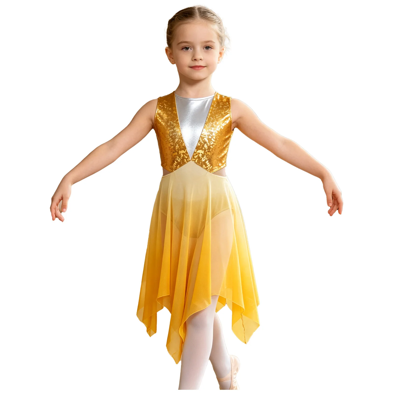 Kids Girls Lyrical Ballet Jazz Dance Dresses Cutout Waist Keyhole Back Metallic Bodice Asymmetrical Gradient Color Mesh Dress - view 2