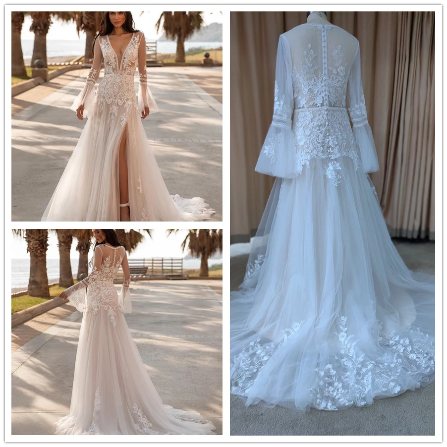 Lace Boho Beach Wedding Dress 2022 Long Sleeve Sexy Front/Side Split Open Back Bohemia Bridal Gowns Sheer Back Tulle Bridal