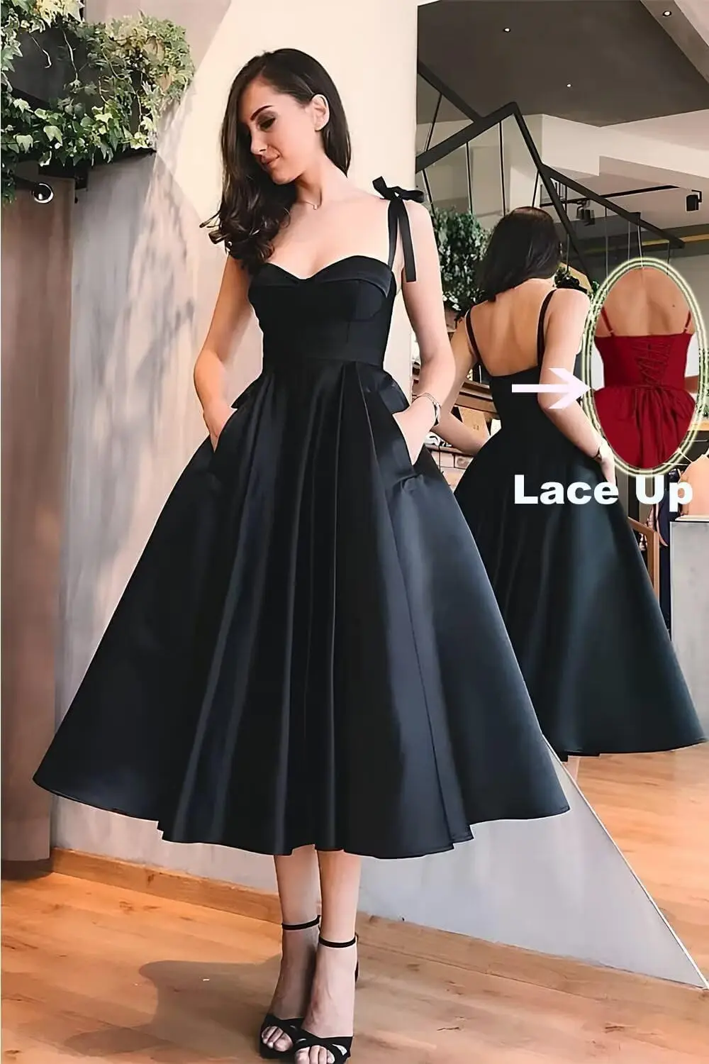 

Luxury Women’s Tea Length Satin Prom Dresses Spaghetti Straps A Line Short Homecoming Party Wedding Formal Cocktail Dress