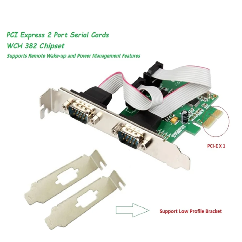 PCI Express 2 พอร์ต Serial Card RS232 Com Db9 การ์ด PCI-E 1.0x1 WCH382 ชิป LOW PROFILE Bracket