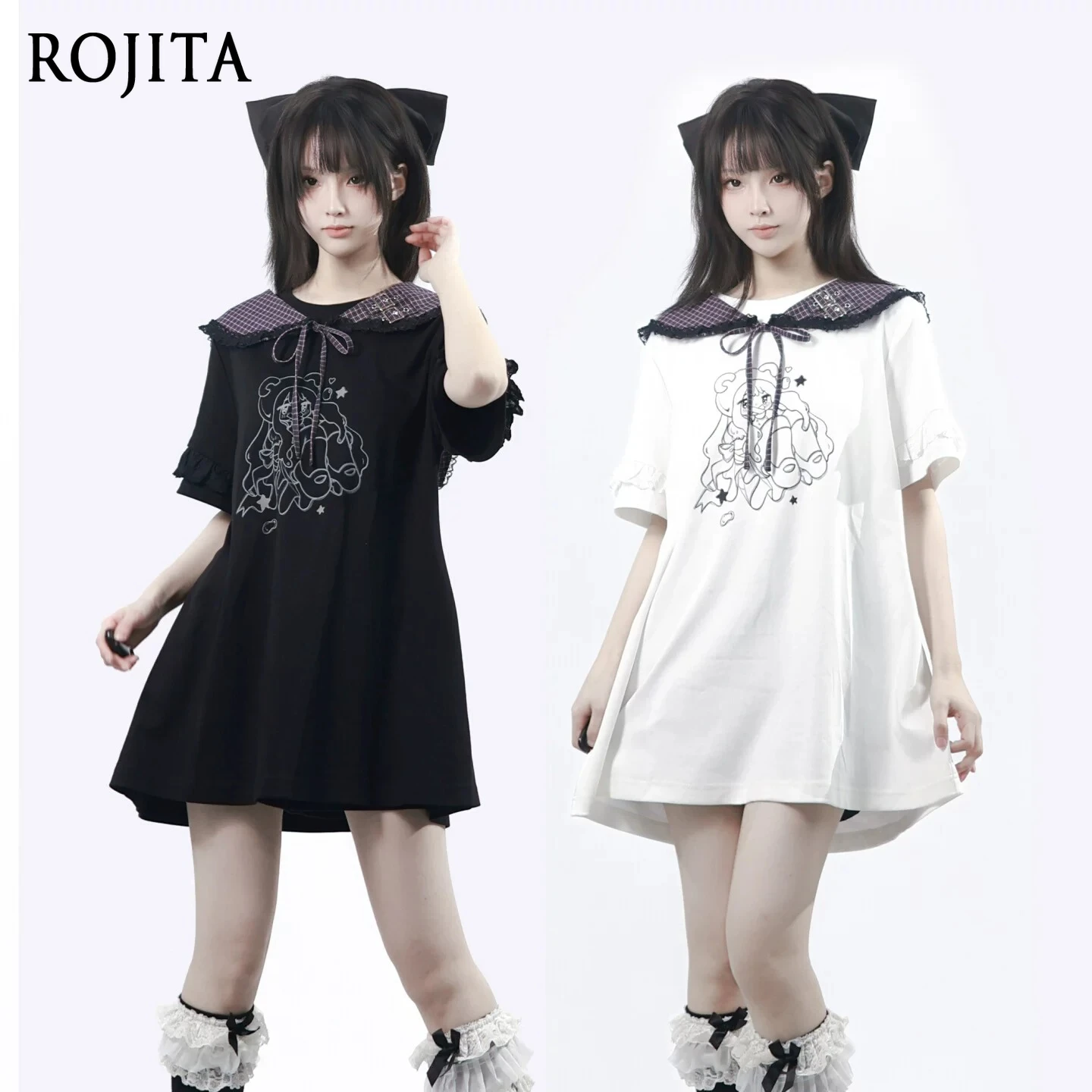 

Sweet Lolita T-Shirt Dress Cute Anime Print Long T-Shirt Casual Loose Round NeckT-Shirt Dress Soft Cotton