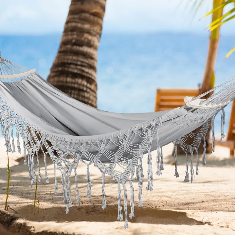 

Backyard Hammock With Tassels Max 500lbs Canvas Fabric Bohemian Style With Thickened Rope And Carry Bag For Outdoor, Ga