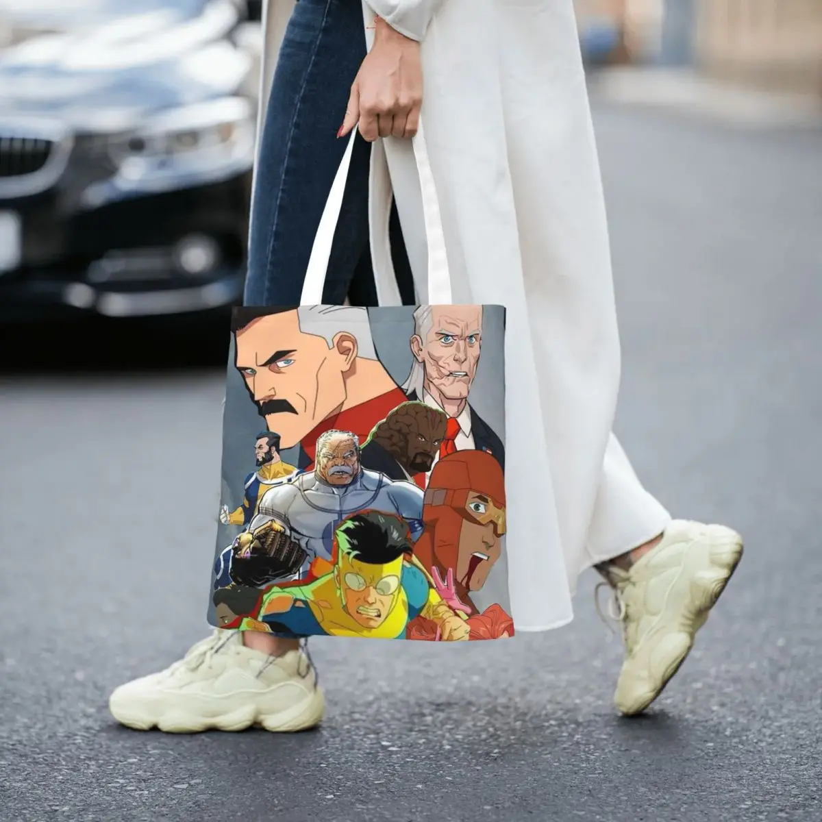 กระเป๋าช้อปปิ้งลายการ์ตูนอินวินซิเบิล กระเป๋าผ้าแคนวาสพับได้ กระเป๋าสะพายไหล่สำหรับสาวๆ กระเป๋าถือสำหรับเดินทาง