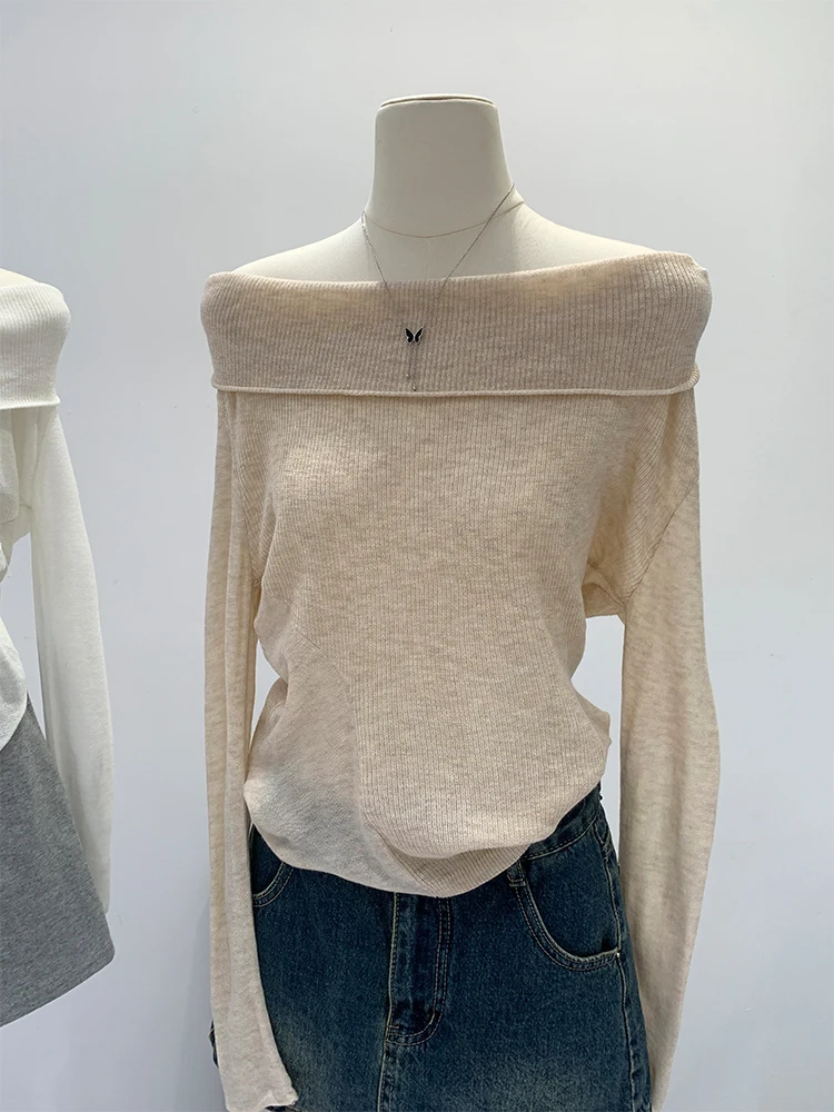 Korean Style Gentle Shoulder Bared Thin Mesh Knitted Sweater Women's Lazy Top Slim Fit Long Sleeve One Word Shoulder Design