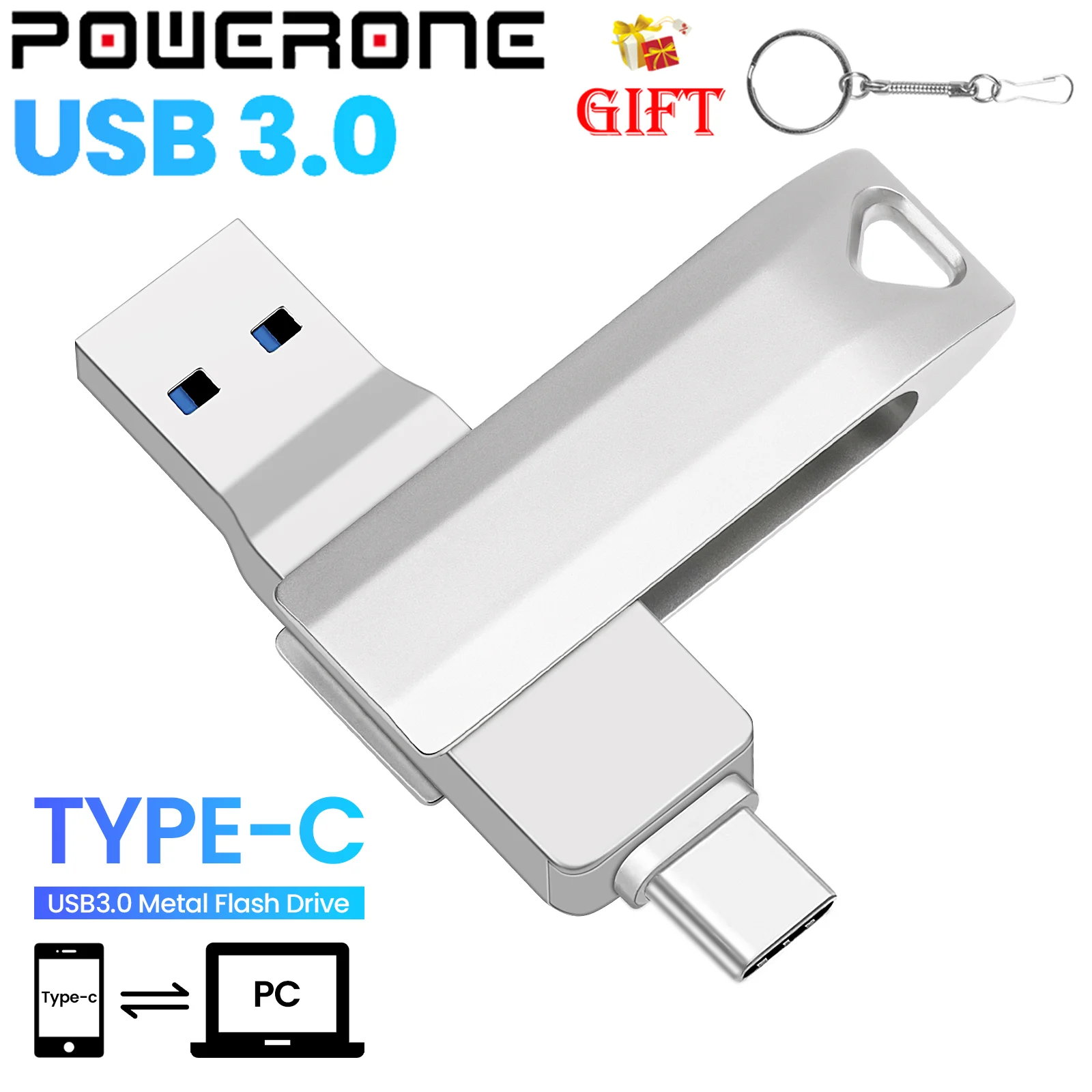 

2 в 1 флэш-накопитель TYPE-C USB 3.0 256G 128G с бесплатной цепью, вращающаяся карта памяти 64G 32G, серебристый USB-C USB3.0 Stick 16G для компьютера