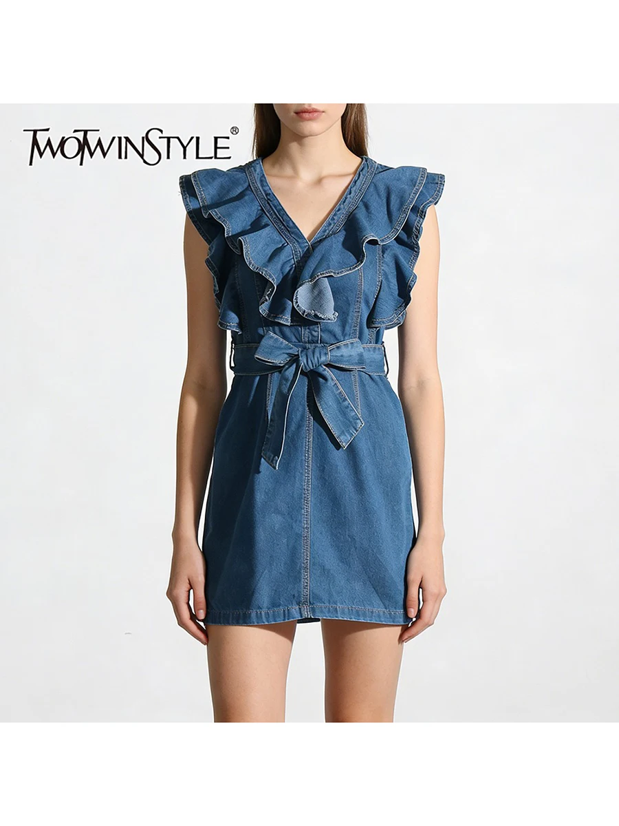 TWOTWINSTYLE Solid Spliced Ruched Cowboy Dresses for Women V Neck Sleeveless High Waist Patchwork Lace Up Fashion Dress Female