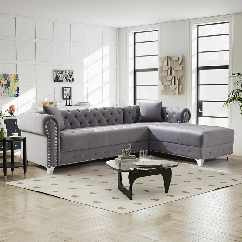

# Luxury Chesterfield Corner Sofa L-shaped Reclining Couches Rolled Armrest with Solid Wooden Frame
