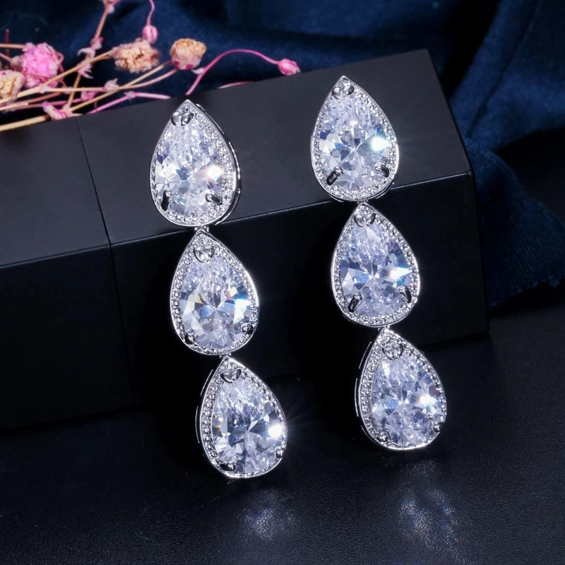 

CWWZircons Top Quality Brilliant Silver Color CZ Cubic Zircon Long Tear Drop Earrings for Bridesmaid Gift Jewelry CZ049
