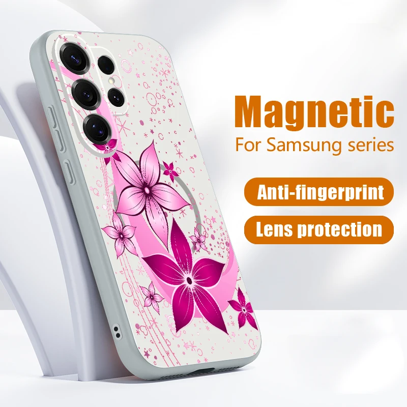Pink Cartoon Floral Case For Samsung A57 A37 A17 A56 A55 A54 5G S22 S23 Plus S24 FE S25 Edge S26 Ultra Magnetic Matte Cover