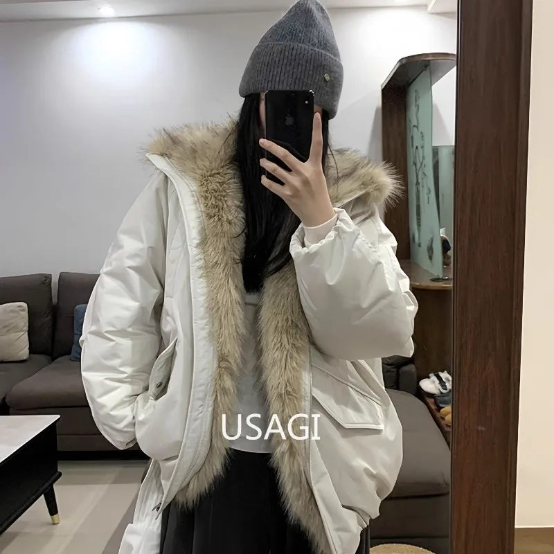 

Korean Women Down Coats Faux Fur Collar Loose Casual Hooded 90 White Duck Down Female Down Jacket Autumn Winter 2025 Winter