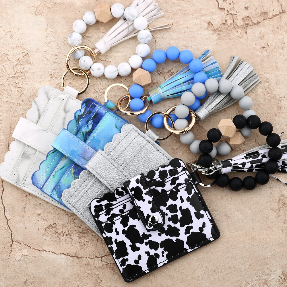 

Women's Silicone Bead Bracelet Marble Pattern Pu Leather Card Holder Purse Cow Print Tassel Beads Wristlet Wallet Keychain