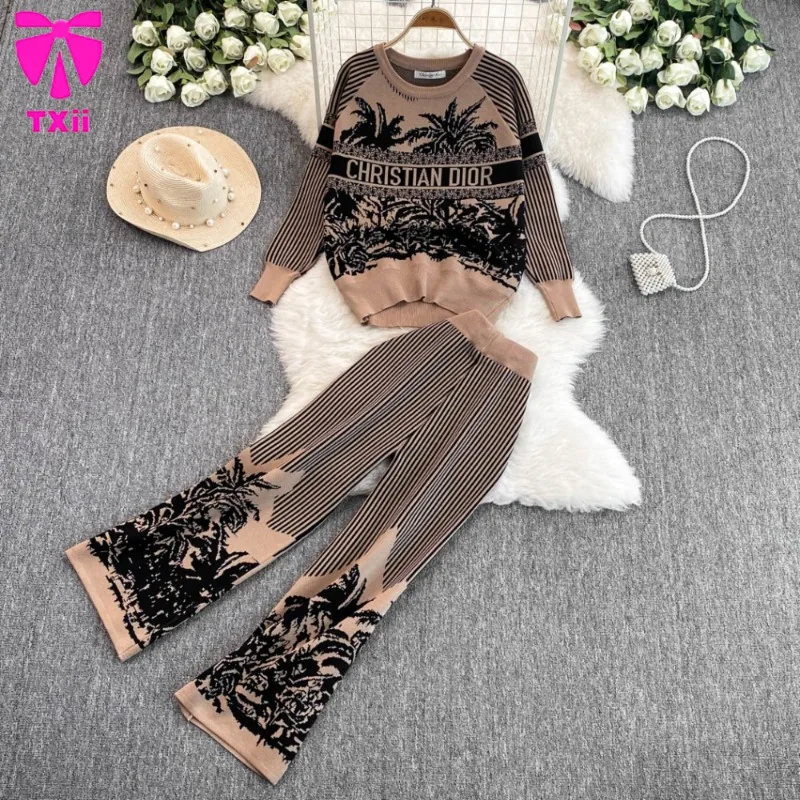 Autumn and Winter New Artistic Atmosphere Knitted Printed Set Women\'s Round Neck Top+High Waist Wide Leg Pants Two Piece Set