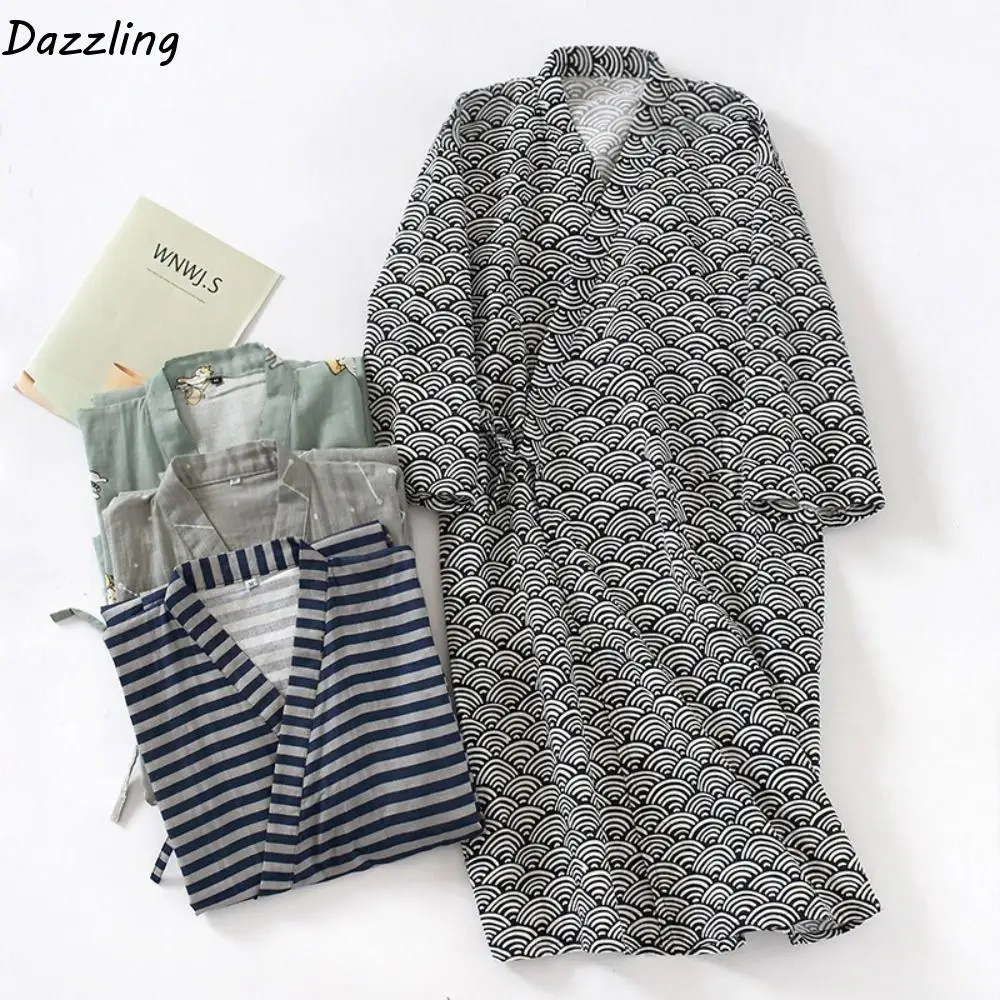 

Nightdress V-Neck Men's Kimono Bathrobe Loose Long Sleeve Japanese-Style Yukata Print Casual Men's Hooded Robe Summer