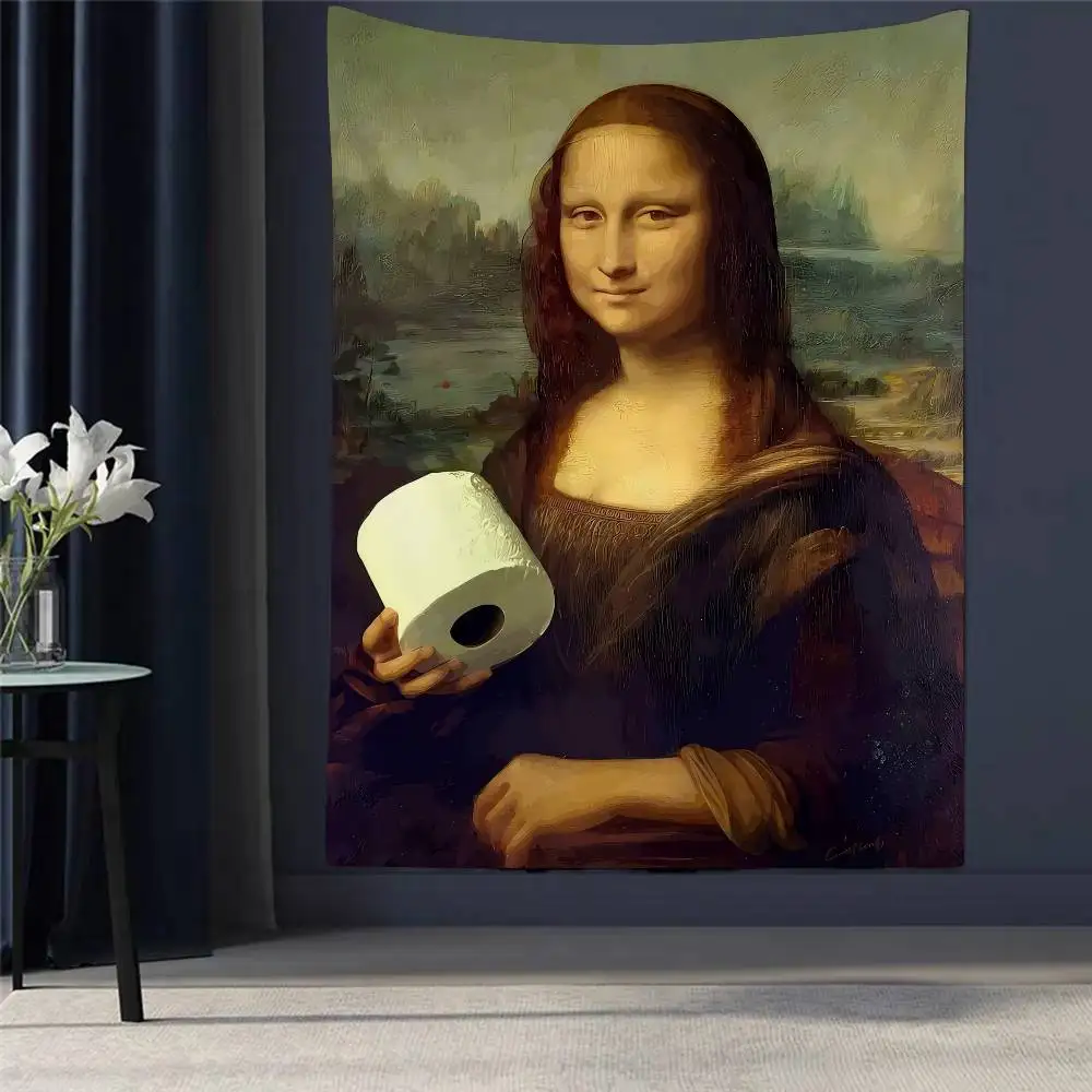 

1pc Funny Toilet Mona Lisa Wearing Pearls Girl With Roll Tapestry Art Printing Japanese Wall Tapestry Wall Hanging Home Decor