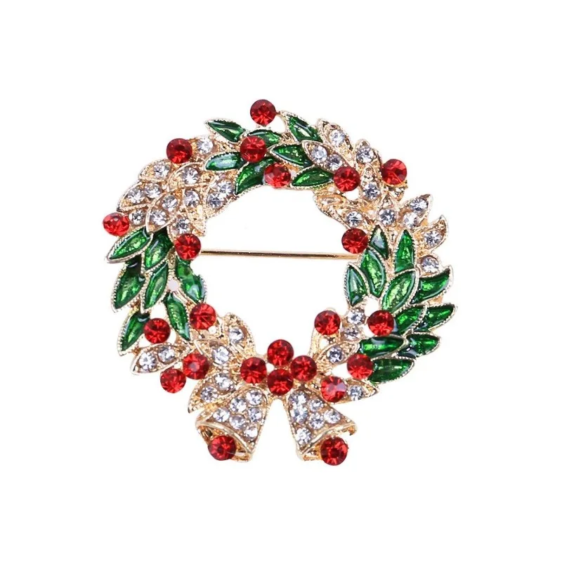 1Pc New Fashion Design Red Enamel Bell Crystal Christmas Brooch Pins Colorful Christmas Wreath