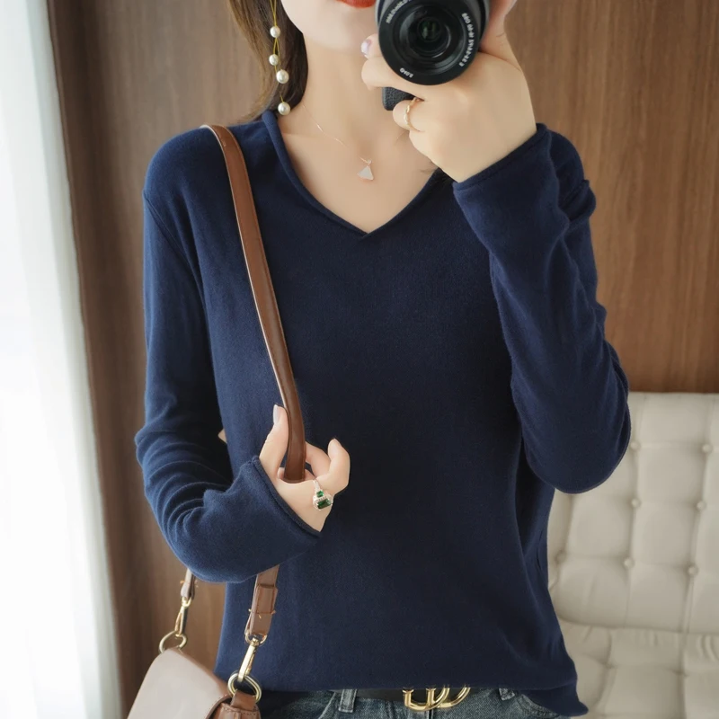 Women Curled V-Neck Pullover With Hat 100% Cotton Sweater Autumn Winter Knit Clothing Soft Bottoming Long Sleeve Solid Tops