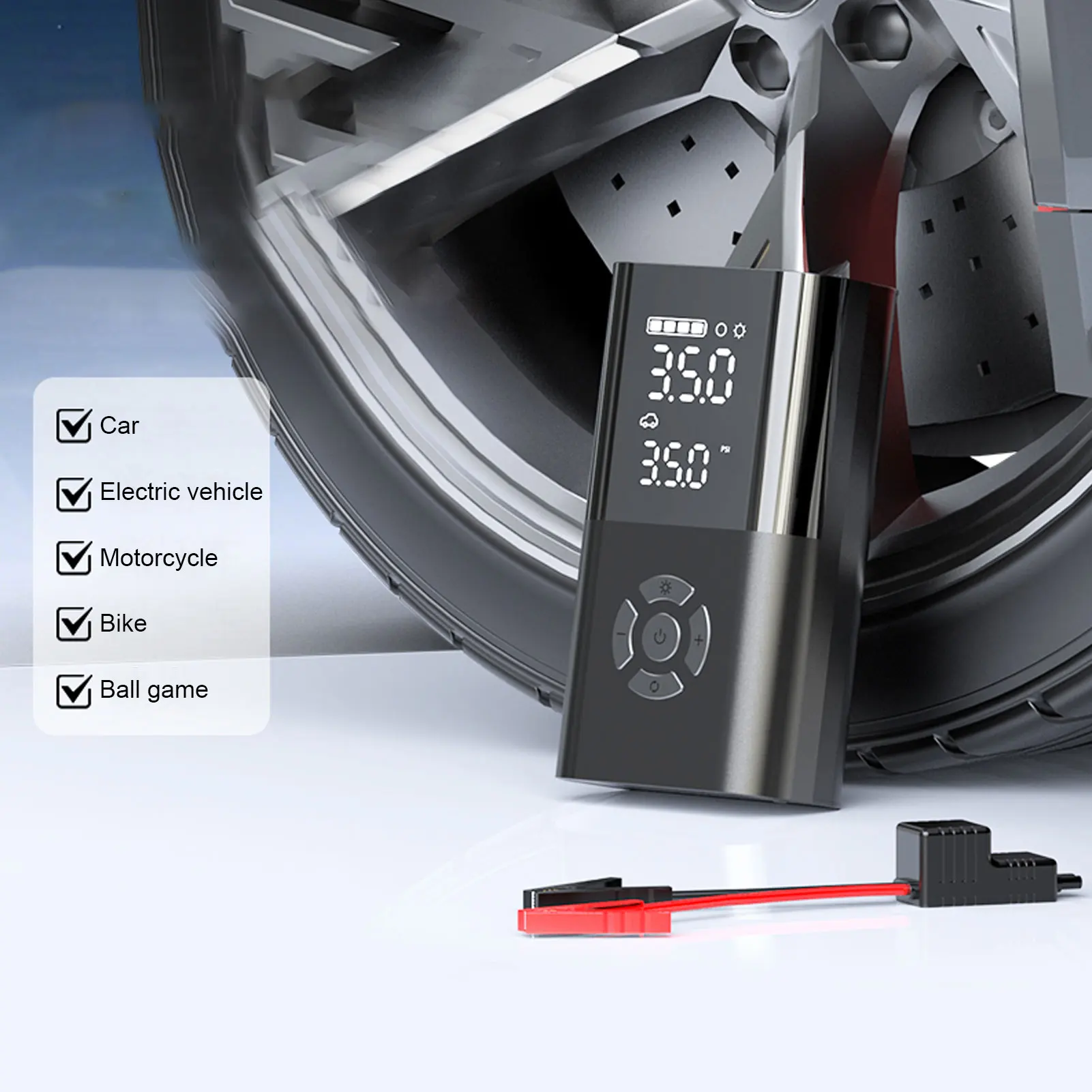 

Portable Tire Inflator 5 to 150PSI LCD Display Electric Car Tire Pump with Emergency Starter Digital Pressure Meter for Motorcyc