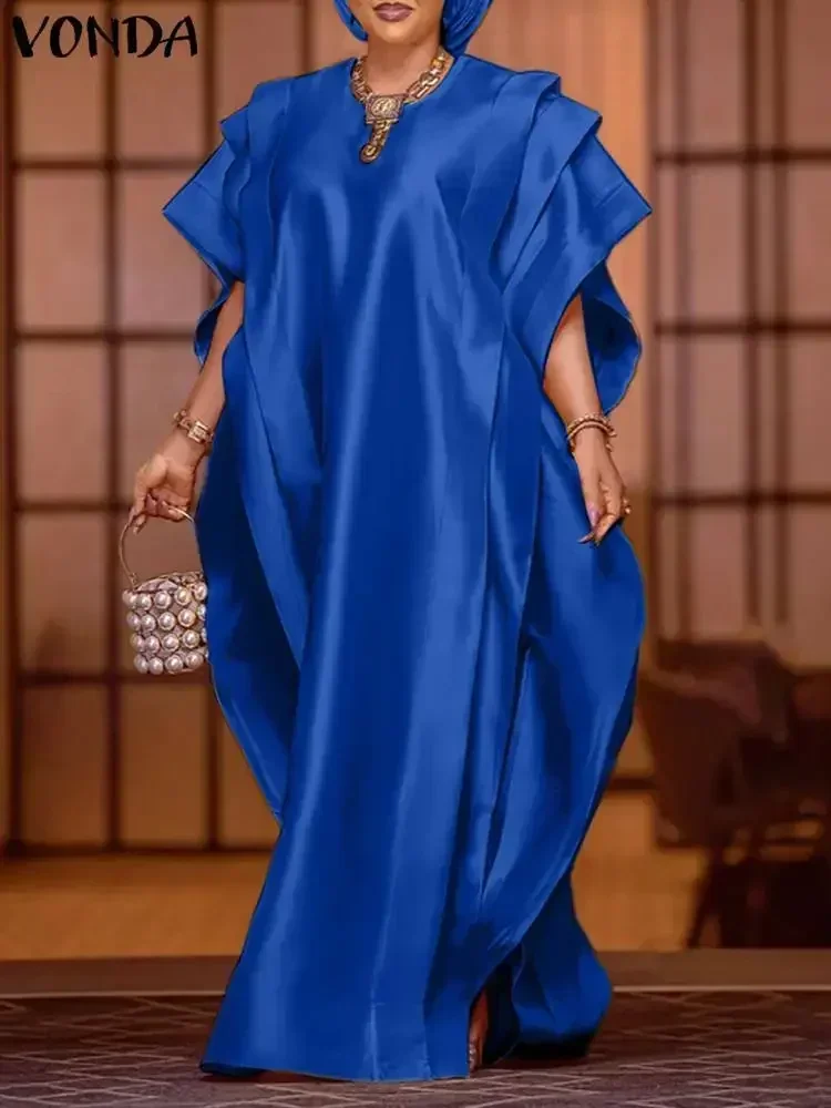 VONDA-Robe Maxi Surdimensionnée en Satin pour Femme, Élégante, à Manches Courtes, à Volants, Décontractée, Couleur Unie, pour Document, Été, 2024