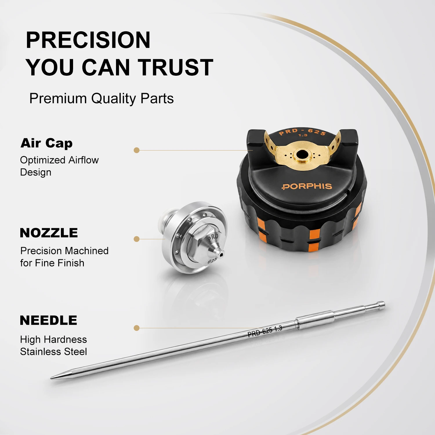 Original PORPHIS PRD-625 1.3mm Spray Gun Nozzle & Needle Cap Kit