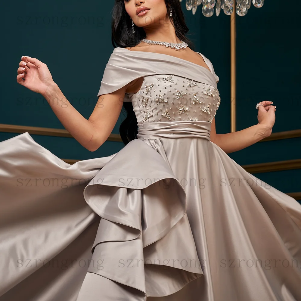 맞춤형 V 넥 A 라인 이브닝 드레스 스팽글 라인 석 구슬 드레이프 프릴 새틴 댄스 파티 드레스 현대 긴 파티 드레스